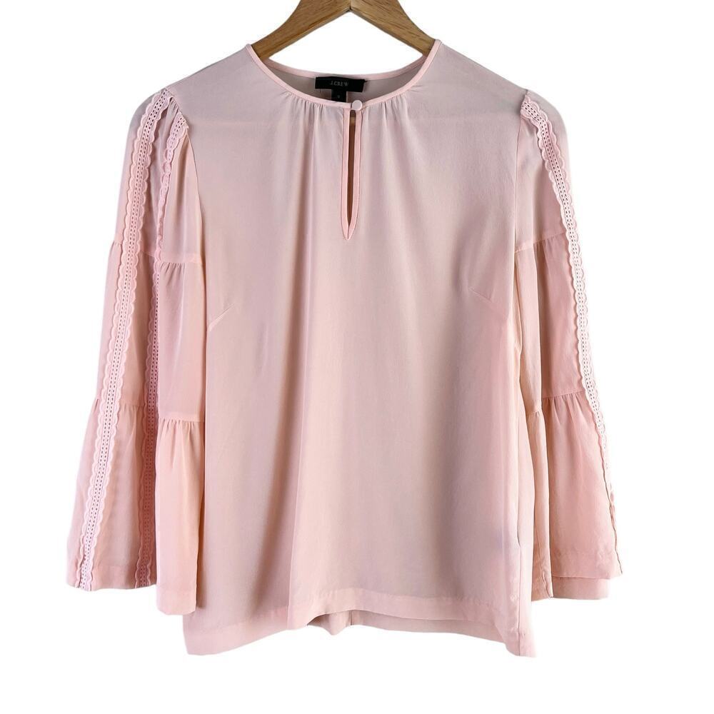 J.Crew Silk Embroidered Bell-Sleeve Top Blouse Keyhole‎ Neck Light Pink, Size 0